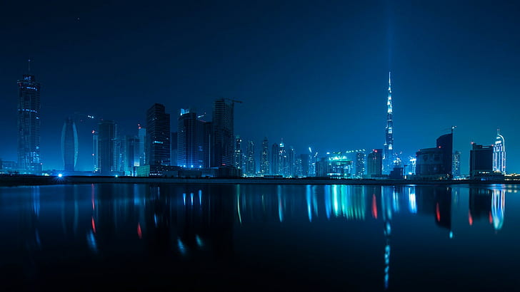 blue, Arabic, Dubai, water, reflection, city, Burj Khalifa, HD wallpaper