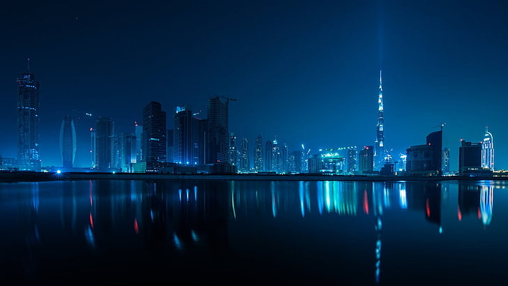 Dubai skyline, city, cityscape, blue, night, United Arab Emirates