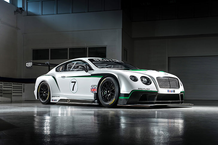 white and green Bentley coupe, continental, gt3, side view, car