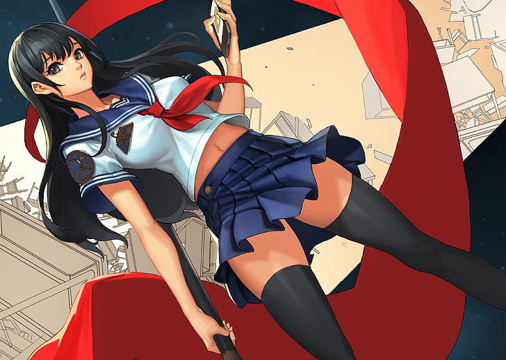 anime girls, school uniform, miniskirt, legs, thigh-highs, long hair, HD wallpaper