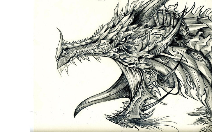 black dragon illustration, white background, pencils, creativity