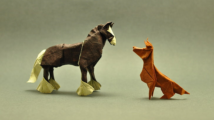 two horse and dog origami decors, animals, paper, simple background, HD wallpaper