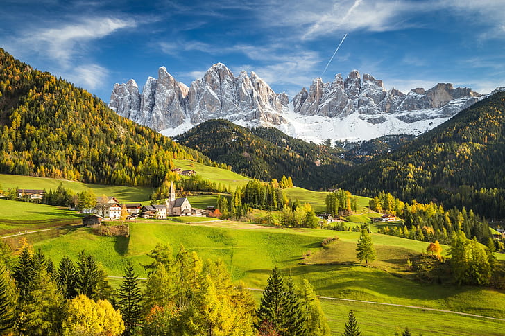 Alps, Italy, clouds, forest, mountains, valley, village, the sky