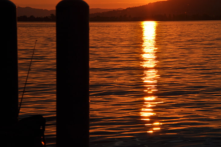 black fishing rod and body of water, sunset, Switzerland, sea, HD wallpaper