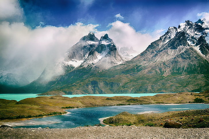 green grass, river, mountains, clouds, nature, landscape, torres del paine national park, HD wallpaper