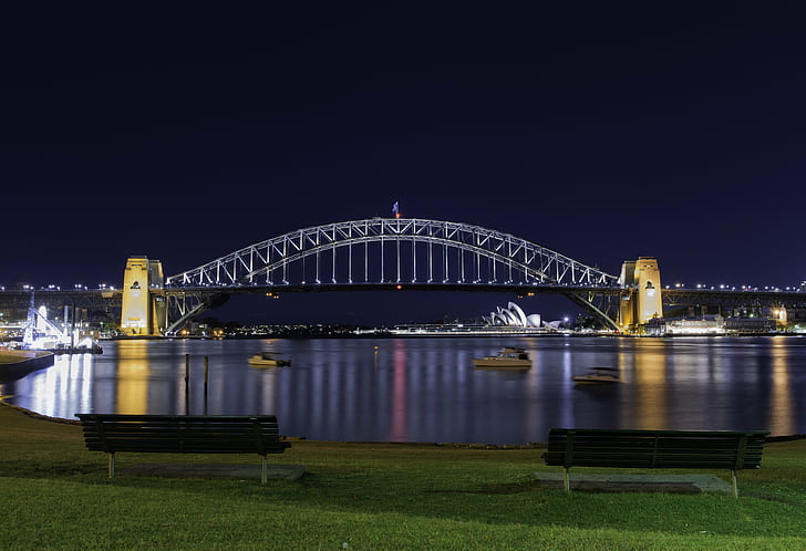 night view of bridge with boats crossing under during nightime, sydney harbour bridge, sydney harbour bridge, HD wallpaper