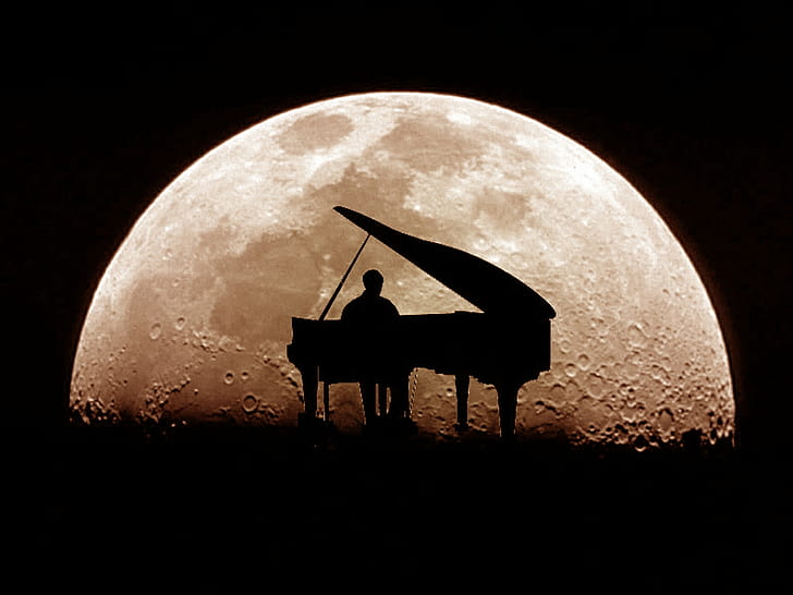 moonlight sonata Abstract Moon Music pianist piano Silhouette HD, silhouette of man playing grand piano with full moon background