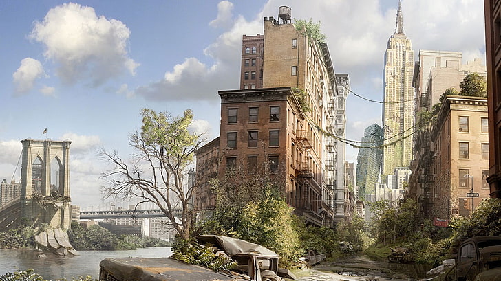 brown concrete building, apocalyptic, New York City, futuristic