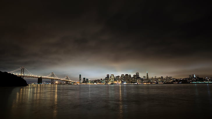 cityscape picture Brooklyn Bridge during night time, san francisco, san francisco