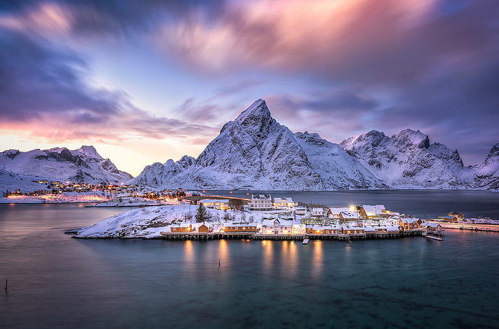 snow-covered village, mountains, island, Norway, the fjord, Nordland, HD wallpaper