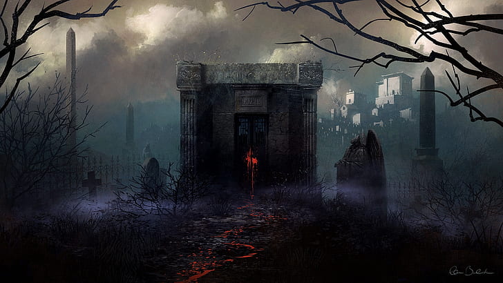 graveyard, gothic, fantasy world, painting, horror, dark theme, HD wallpaper