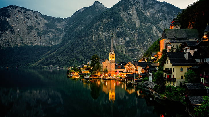 tourist attraction, austria, salzkammergut, europe, church, HD wallpaper