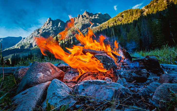 nature, fire, trees, forest, stone, stones, mountains, heat - temperature