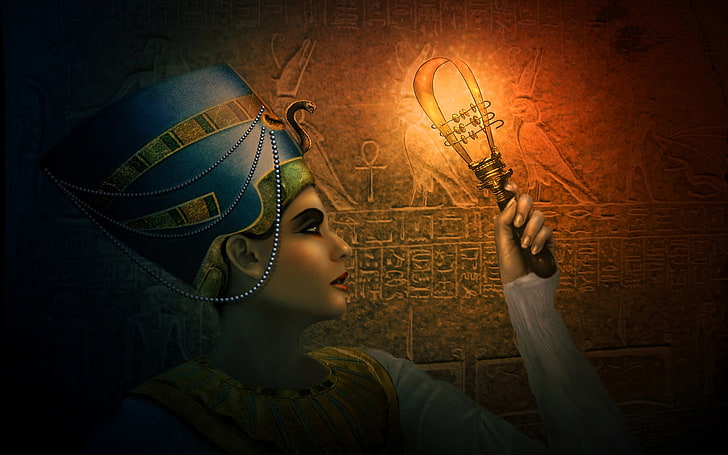 Nefertiti painting, girl, decoration, art, twilight, Egypt, Egyptian, HD wallpaper