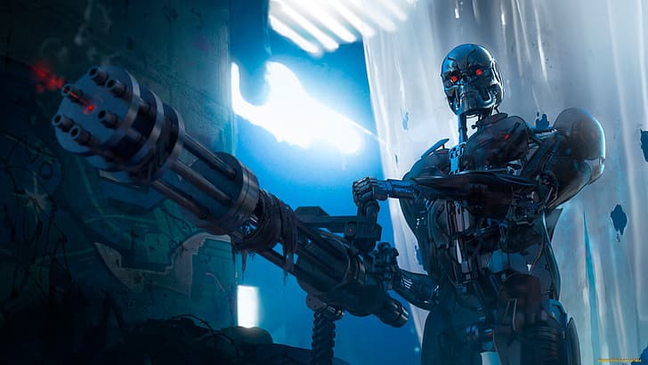 artwork, science fiction, machine, weapon, Terminator, endoskeleton