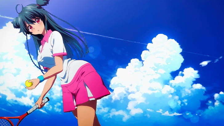 anime girls, tennis rackets, tennis balls, skirt, long hair