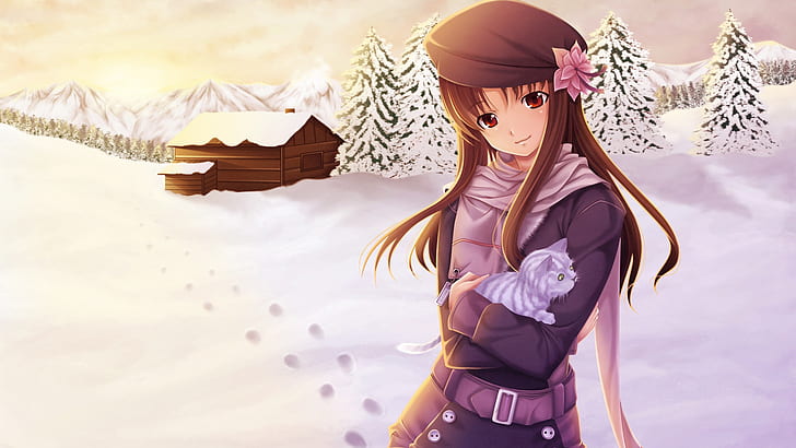 Anime girl in the snow winter