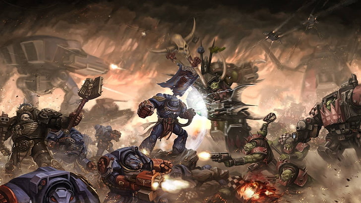 Warcraft digital wallpaper, battle, Warhammer 40,000, ork, space marines HD wallpaper
