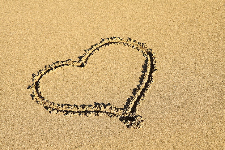 beach, coast, heart, love, romance, romantic, sand, sea, shapes, HD wallpaper