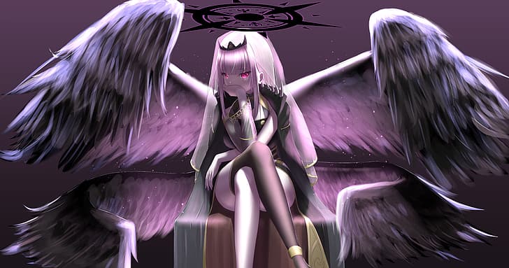 Hololive, Mori Calliope, angel, wings, crown, thigh-highs, silver hair
