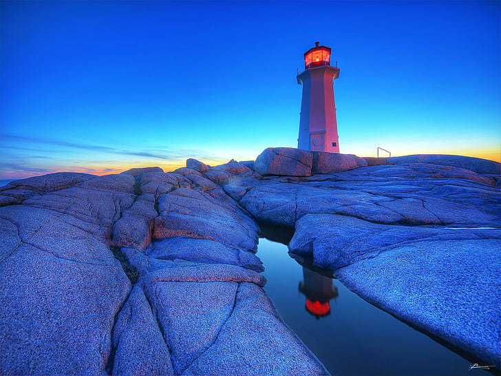 white light house, sunset, peggy's cove, lighthouse, reflections, HD wallpaper