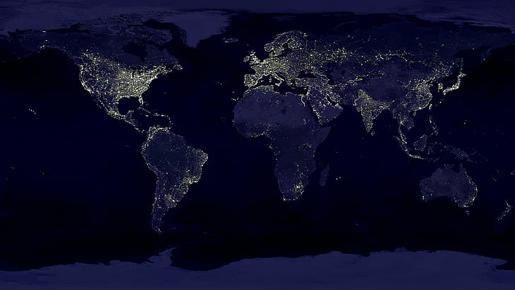 electric power, map, lights, night, globes, world, space, world map, HD wallpaper