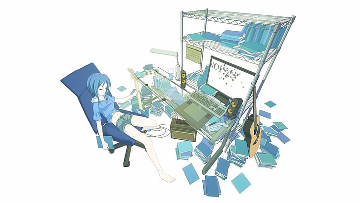 anime, background, barefoot, blue, books, calendar, chairs