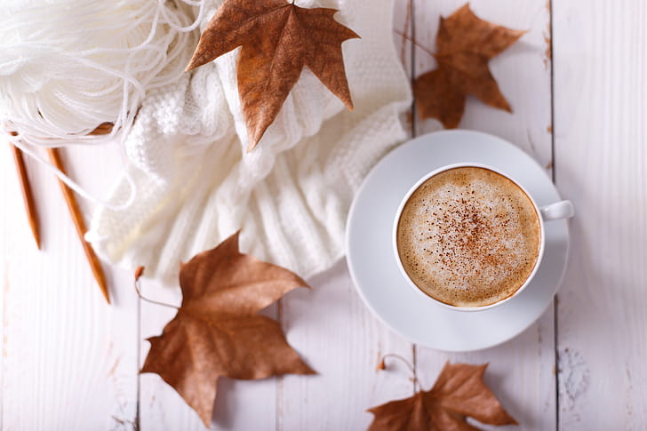 autumn, leaves, background, colorful, scarf, wood, cup, coffee