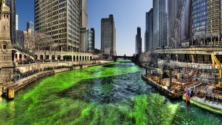 river in city digital wallpaper, cityscape, HDR, building, Chicago