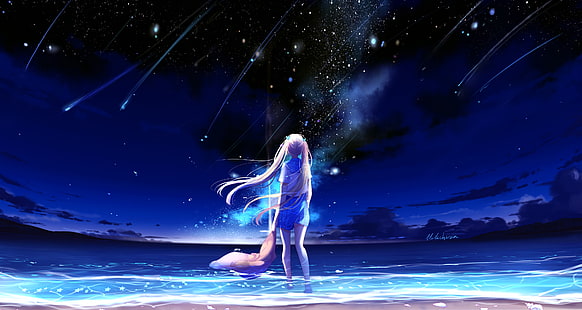 HD wallpaper: Anime girl, Beach, Night, Sea, Blue, 4K | Wallpaper Flare