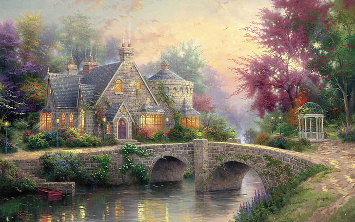 Lamplight manor, art painting, house, bridge, river, lamps, trees, dusk, HD wallpaper