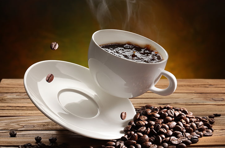 white coffee cup with saucer, coffee beans, cups, drink, brown, HD wallpaper