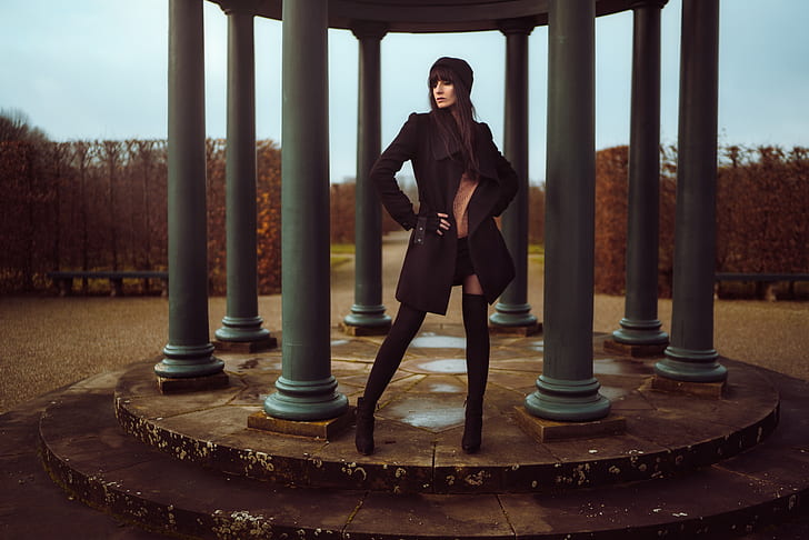 fashion, women, model, black coat, HD wallpaper