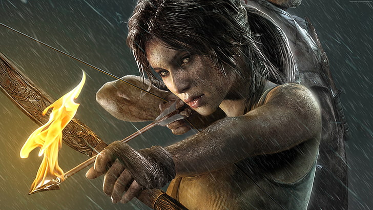 woman firing bow with fire wallpaper, Tomb Raider, video games