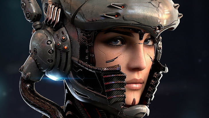digital art robot women face blue eyes cyborg technology helmet wires lights bionics