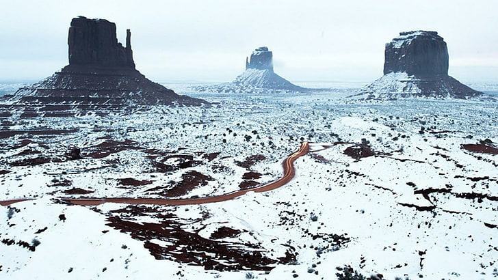 butte, monument valley, snow, sky, west and east mitten buttes