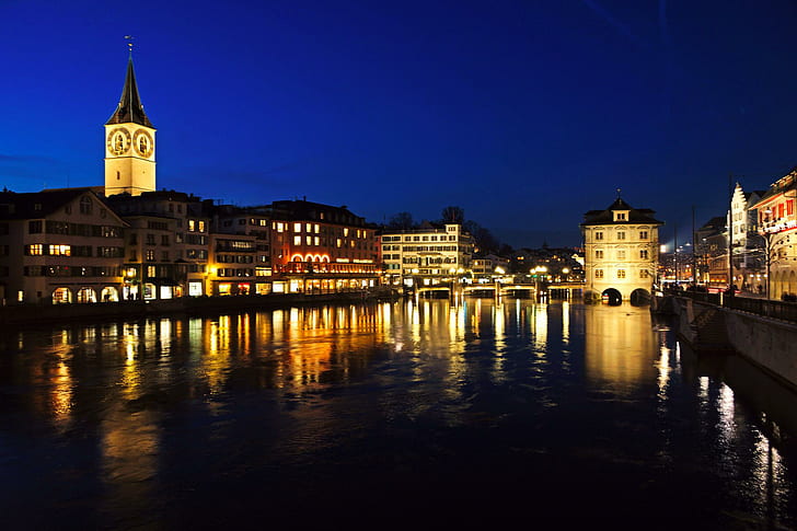 Switzerland Rivers Zurich Night Cities Reflection Buildings Free Pictures, city photo at night, HD wallpaper