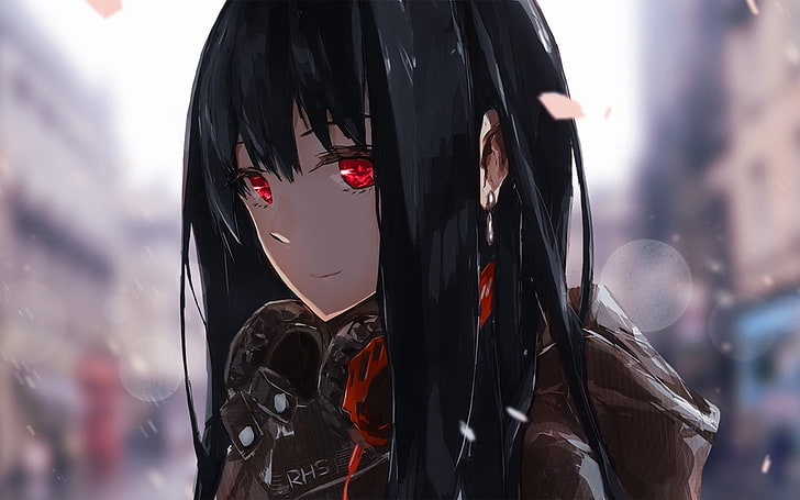 black haired female anime character art, headphones, red eyes