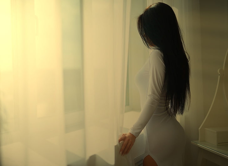women's white long-sleeved dress, white dress, long hair, black hair, HD wallpaper
