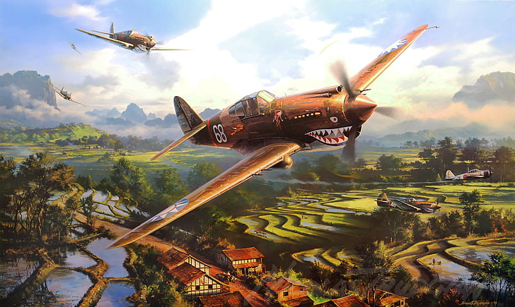 brown fighter plane illustration, war, art, painting, aviation, HD wallpaper