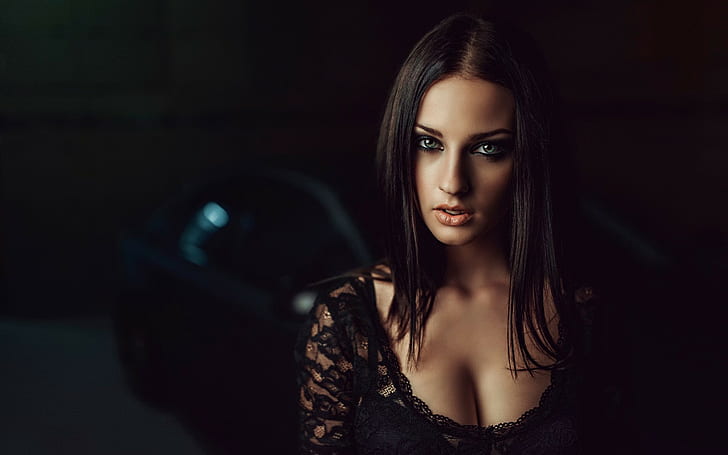 Russian style girl, portrait, machine, cleavage, HD wallpaper