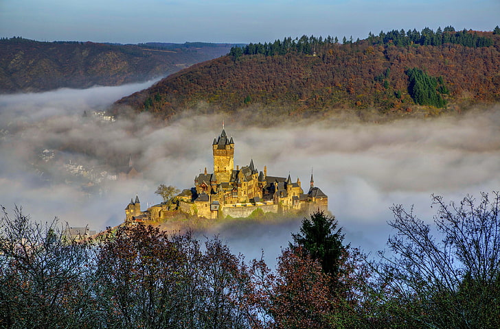 brown castle, castle surrounded with clouds, nature, landscape
