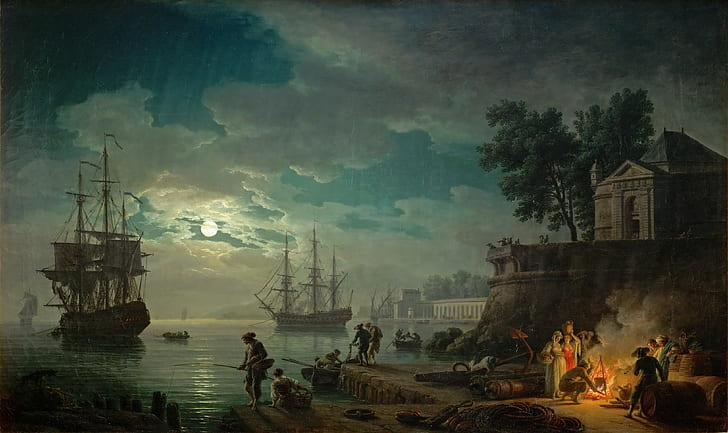 artwork, women, clouds, sailing ship, fire, night, house, Moon