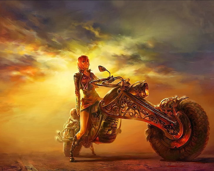 HD wallpaper: motorcycle, fantasy art, women, biker, artwork, sunset, cloud  - sky | Wallpaper Flare