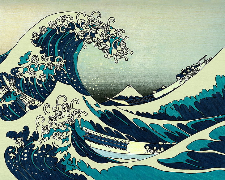 The Great Wave off Kanagawa, boat, figure, monkey, illustration