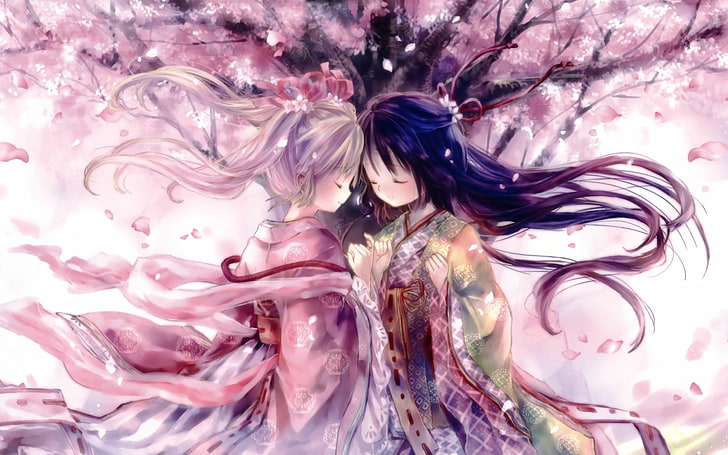 two female anime character wallpaper, cherry trees, cherry blossom