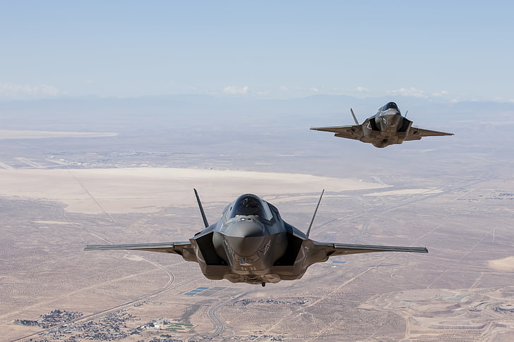 two brown jet fighter raptors, flight, desert, USA, Nevada, USAF, HD wallpaper