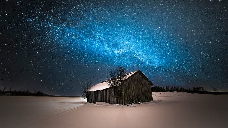 hut, milky way, shanty, night, zing, snow, winter, darkness, HD wallpaper