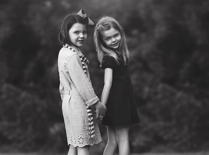 HD wallpaper: Sisters, girl's puff-sleeved dress, Black and White, Cute,  Childhood | Wallpaper Flare