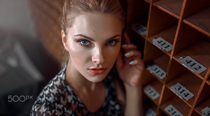 women, face, Damian Piórko, blue eyes, blonde, portrait, depth of field, HD wallpaper